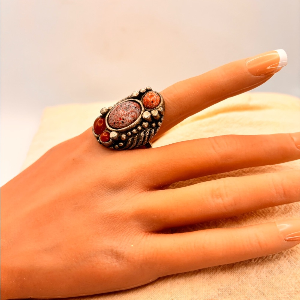 Rare Vintage-Style Boho Statement Ring | Adjustable | Pink & Carnelian - Picture 5 of 16